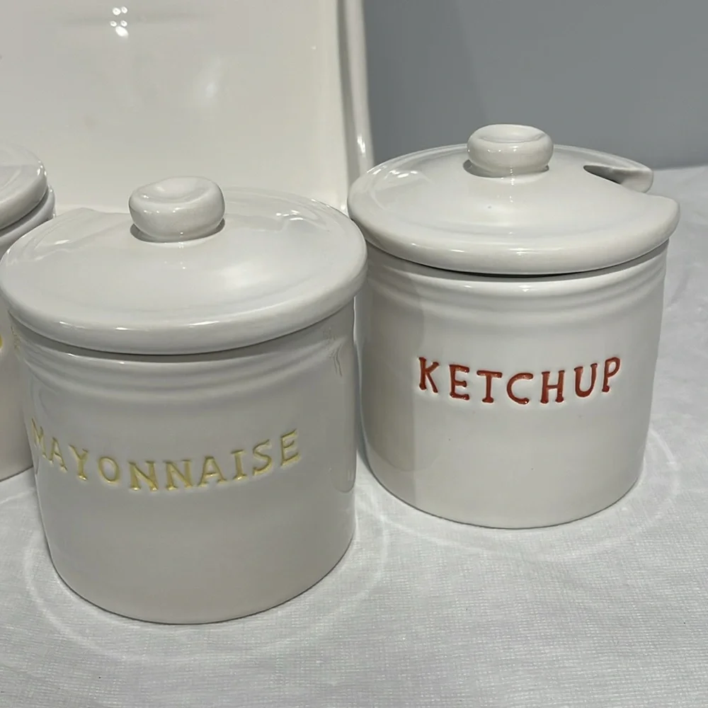 Williams-Sonoma BBQ Condiment Jar Set Ketchup Mustard Relish Mayo With Tray